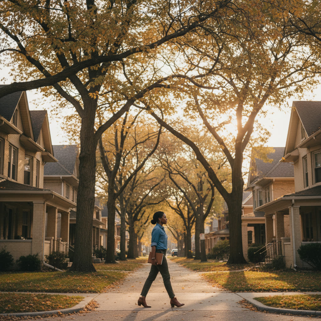 PAM property manager walking a tree-lined Milwaukee residential street at golden hour, leather notebook in hand